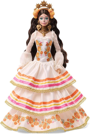 Barbie Signature Doll, Día De Muertos 2025 Collectible in Ruffled Cream Gown Trimmed with Marigolds and Ribbon, Flower Crown and Calavera Face Paint, JBJ05