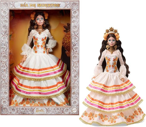 Barbie Signature Doll, Día De Muertos 2025 Collectible in Ruffled Cream Gown Trimmed with Marigolds and Ribbon, Flower Crown and Calavera Face Paint, JBJ05