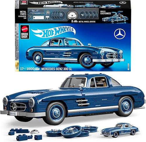 Mattel Brick Shop Hot Wheels Premium Series Building Set, Mercedes-Benz 300 SL with 1600 Pieces, Realistic Details and Metal Parts, Adult Collectors, HWW25