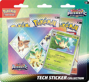 Pokémon TCG: Scarlet & Violet—Prismatic Evolutions Tech Sticker Collection – Leafeon (1 Foil Promo Card & 3 Booster Packs)