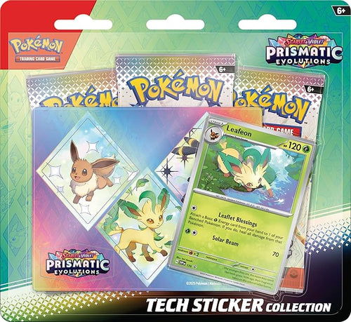 Pokémon TCG: Scarlet & Violet—Prismatic Evolutions Tech Sticker Collection – Leafeon (1 Foil Promo Card & 3 Booster Packs)