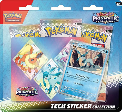 Pokémon TCG: Scarlet & Violet—Prismatic Evolutions Tech Sticker Collection – Glaceon (1 Foil Promo Card & 3 Booster Packs)